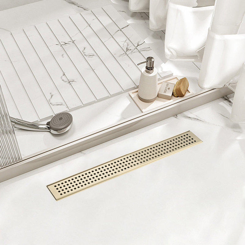 Linear Shower Drain With Quadrato Pattern Grate,304 Stainless Steel Rectangle Shower Floor Drain,With Leveling Feet,Hair Strainer