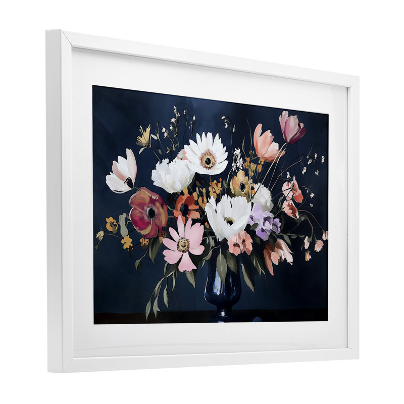 «Disorderly Conduite Bouquet», reproduction sous verre, conception par Annabelle Hall, H 14 po x l 20 po, Cadre blanc côtier