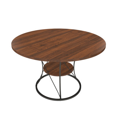 43 inch Round Dining Table for 4-6, Expandable Farmhouse Kitchen Table with Storage Shelf & Metal Base, Brown & Black Extendable Wood Table from 43 to