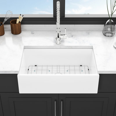 White 33 Inch Ceramic Sink - Undermount Single Bowl Apron Front, Heat And Scratch Proof, Roomy Kitchen Sink, 33X18x10 Stain-, Big
