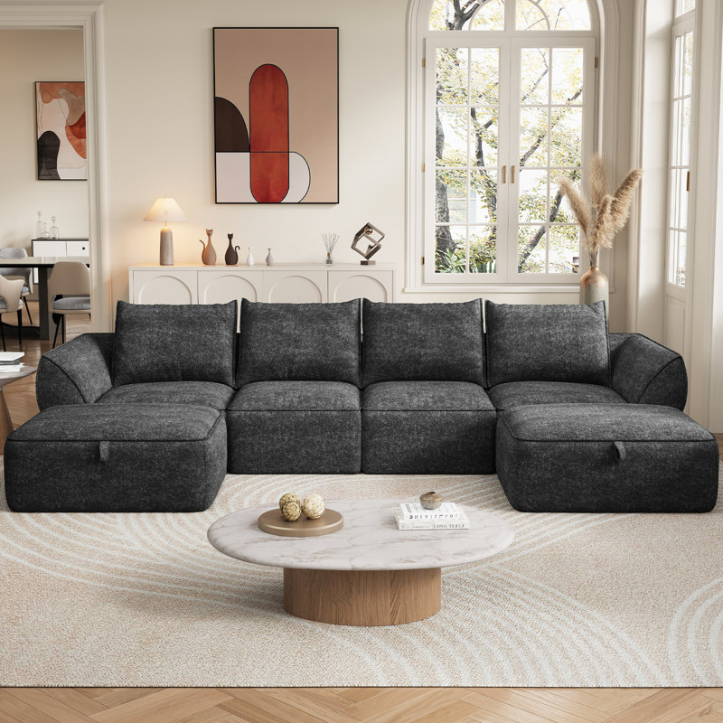 132" Modular Sectional Sofa with Deep Seat, U-Shaped Cloud Couch for Living Room, 4-Seater Compression Boneless Sofa with 2 Ottomans, Flexible Combination Modern Upholstery Sofa, No Assembly Required, Dark Gray