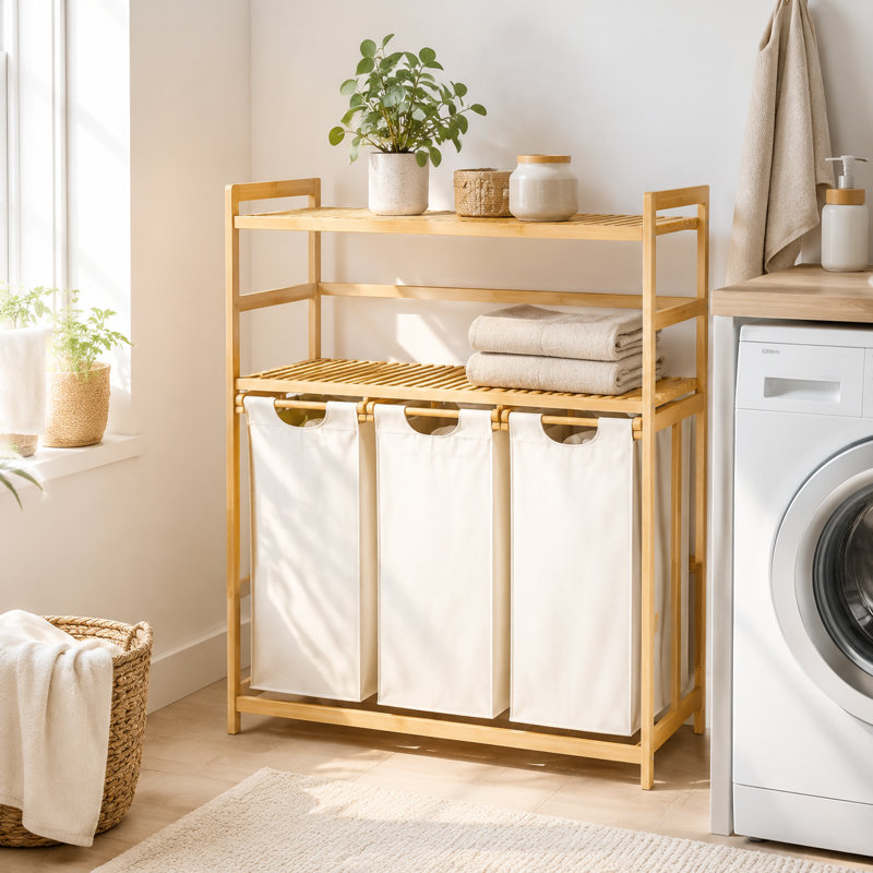 Panier à linge et tablette de rangement en bambou avec panier à linge à 3 compartiments, Blanc, 150L - 2-Tier
