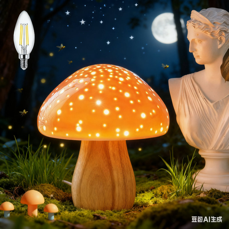 Mushroom Lamp, Ceramic Bedside Table Lamp For Bedroom Nightstand, Retro Vintage Orange Night Light, Small Lamp For Living Room Desk Home Decor Aesthetic Lamp, LED Bulb Included, Orange