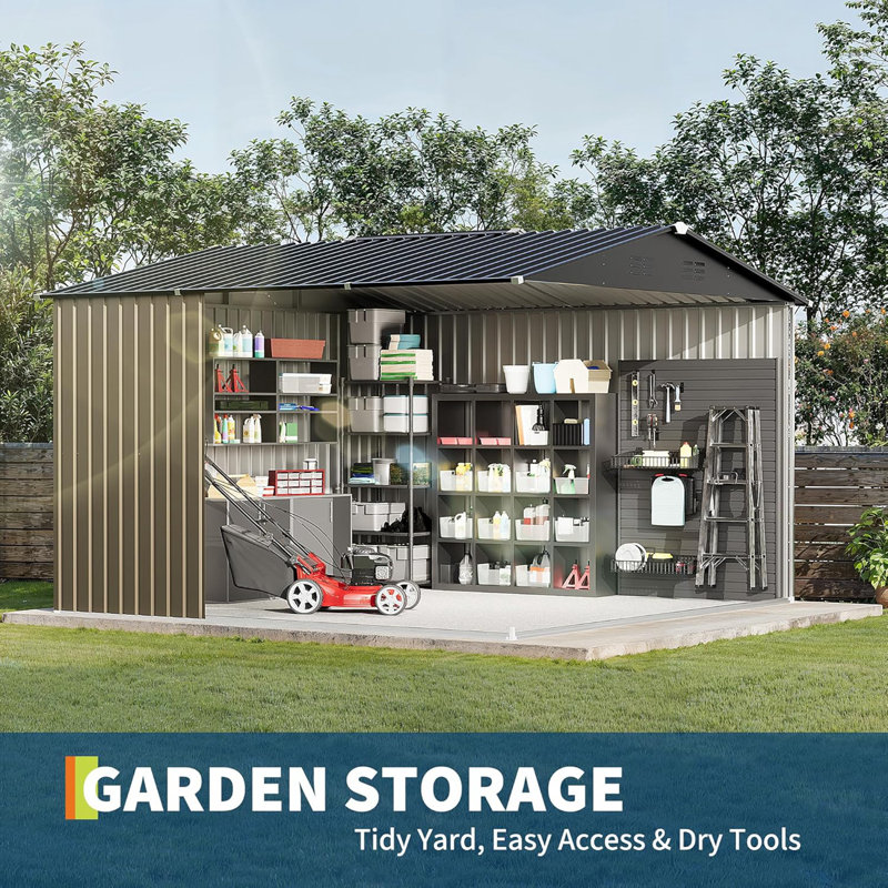 10 ft. W x 10 ft. D Outdoor Metal Storage Shed with Sloping Roof & Double Door, Brown, Brown