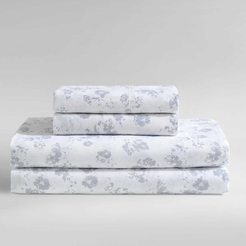 Calvin Klein Printed Sateen Cotton Sheet Set, King Sheet Set with 2 Pillowcases, Tossed Micro Floral Blue
