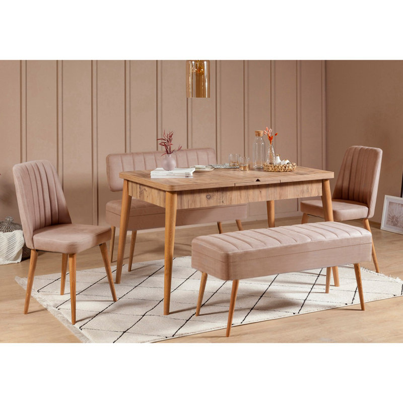 Kayonia Extendable Dining Table & Chairs Set (5 Pieces), Atlantic Pine & Stone Color | 100% Melamine Coated Particle Board | Table: 50.8 x 29.5 x 31.5 inches (Open 64.2 inches) | Velvet Chairs: 18.5 x 35.4 x 17.7 inches | Modern Scandinavian Design