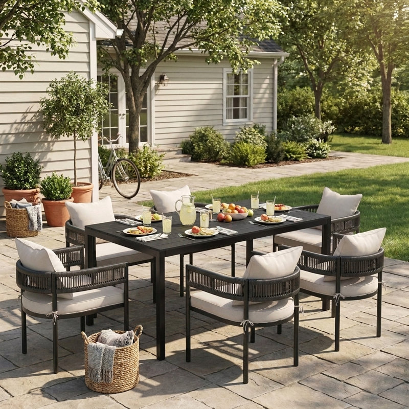 7-Piece Outdoor Patio Dining Set with 63" Rectangular Faux Wood Dining Table and 6 Cushioned PE Rattan Chairs for Backyard, Garden, Poolside