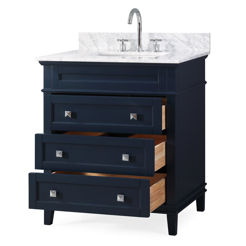 Guerra 30'' Single Bathroom Vanity with Marble Top, Navy Blue