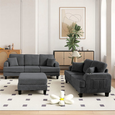 Ensemble de salon moderne 3 pièces, ensemble de fauteuil rembourré en velours côtelé, canapé et causeuse avec repose-pieds, repose-pieds avec rangement, porte-gobelets intégrés, ports USB et poches latérales