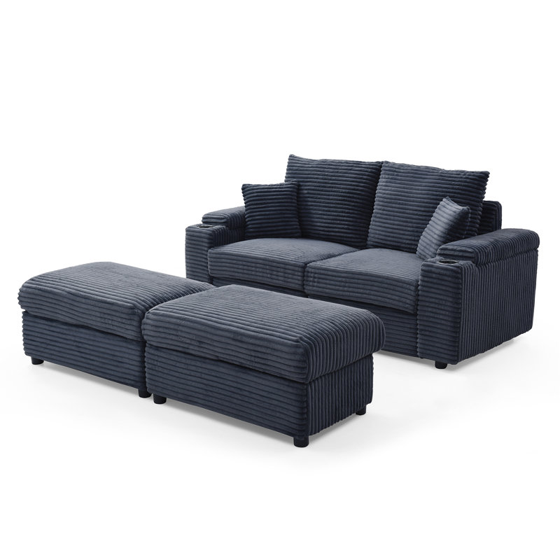 Corduroy Fabric Loveseat with Ottomans and Two Pillows, Dark Gray Corduroy