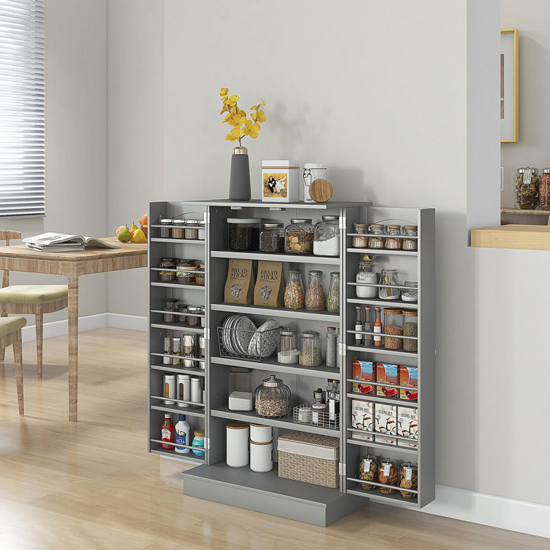 41" Kitchen Pantry Storage Cabinet, Freestanding Kitchen Cabinet With 12 Door Shelves, Double Doors, 5-Tier Shelving And Adjustable Shelves, Paper Gray