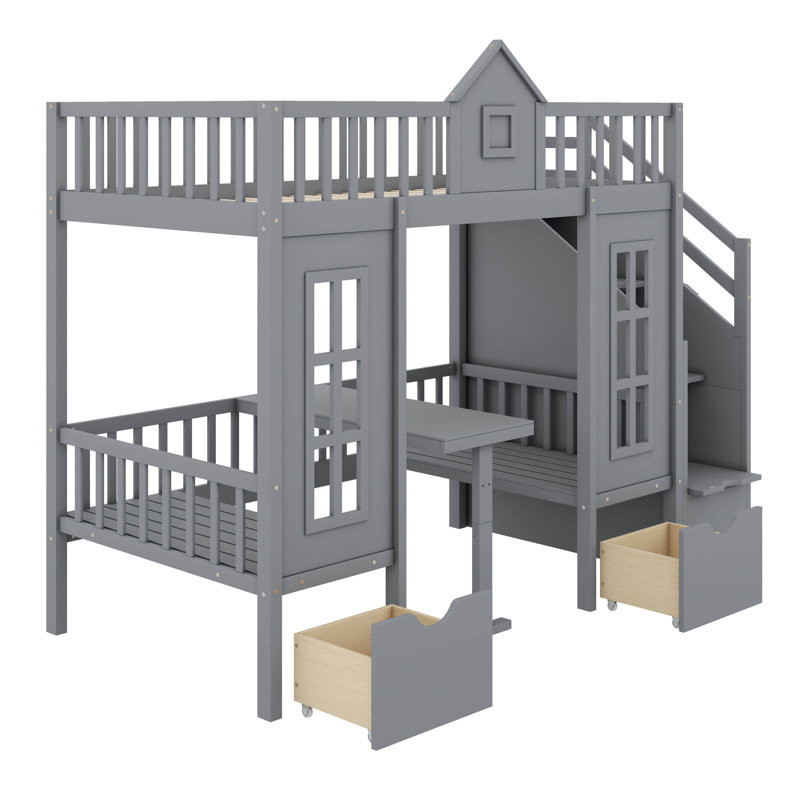 Adonya Kids Twin Over Twin Bunk Bed, Gray