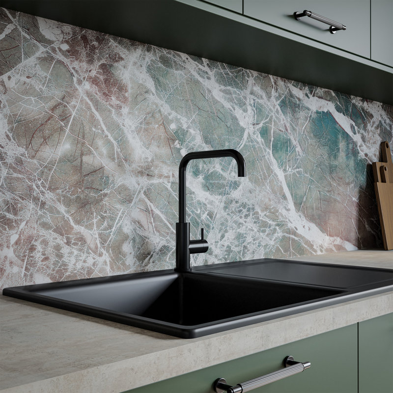 White Marble Aluminium  Kitchen Splashback, 305 cm x 75 cm , Grey/Blue