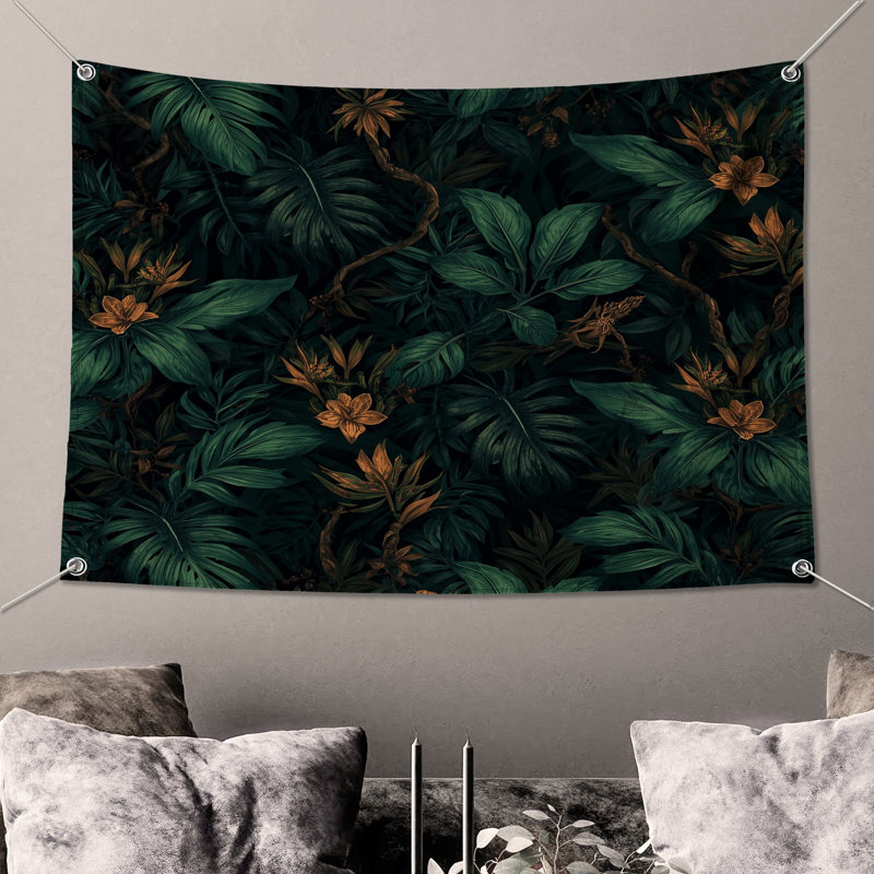 Tapisserie murale feuilles tropicales et fleurs - décoration murale feuillage, H 104 po x 88 avec 4 œillets