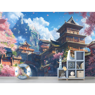 Temple japonais et fleurs de cerisier japonais - paysage de montagne serein avec des arbres de sakura, idéal pour une décoration intérieure paisible et des espaces zen