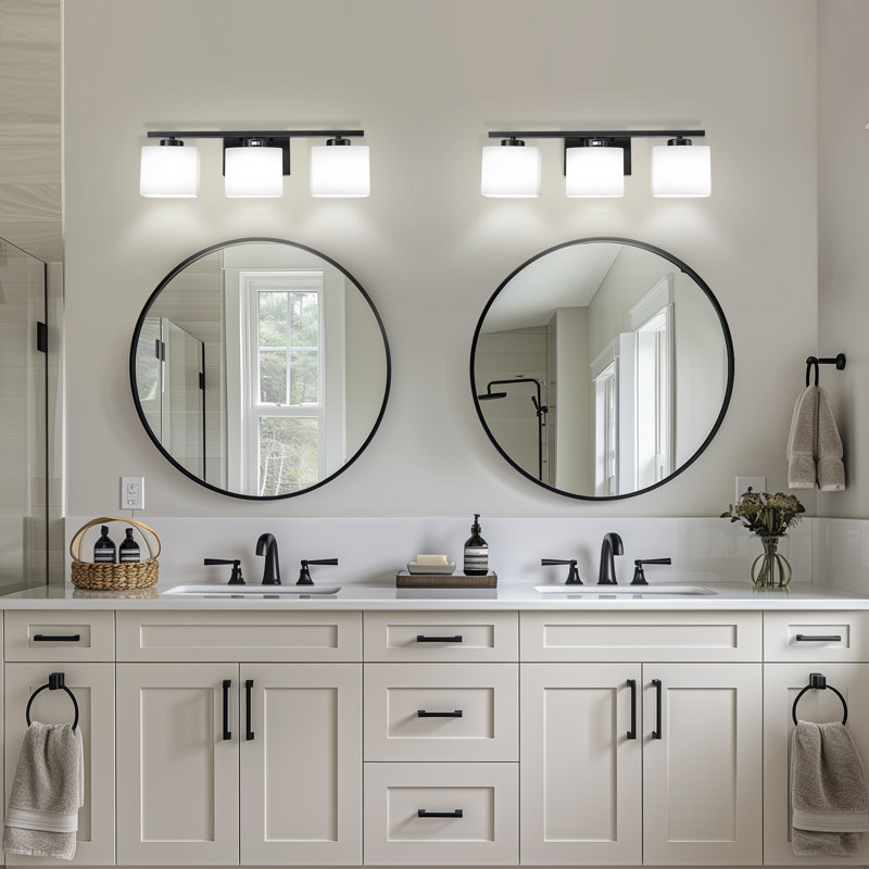 Modern 3-Light Vanity Fixture With Square Glass Shades, Matte Black, 3