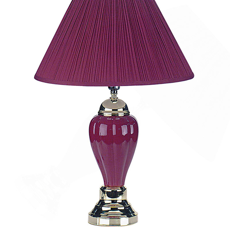 1Pc Elegant Crafted Table Lamp Glossy Base Contrasting Metallic Details Pleated Shade Modern Look Porcelain Rotary Switch, 100Watt