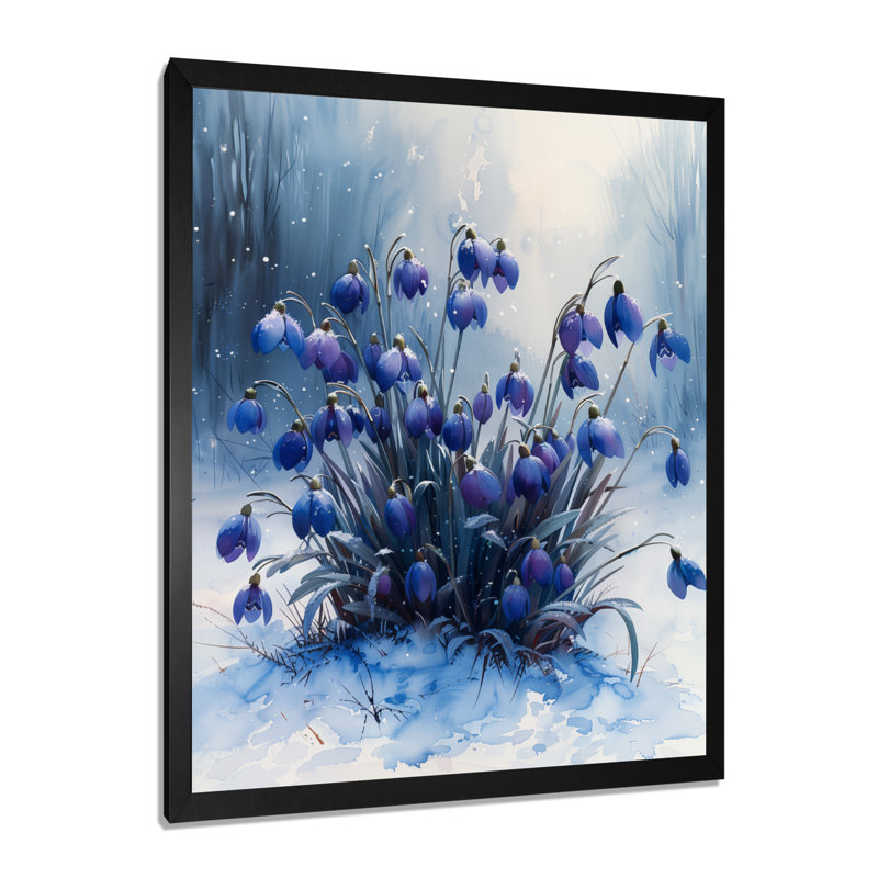 Mauve, blanc, neige enneigée, hiver, gouttes de neige, fleurs, salon d'art mural, Toile encadrée noire simple