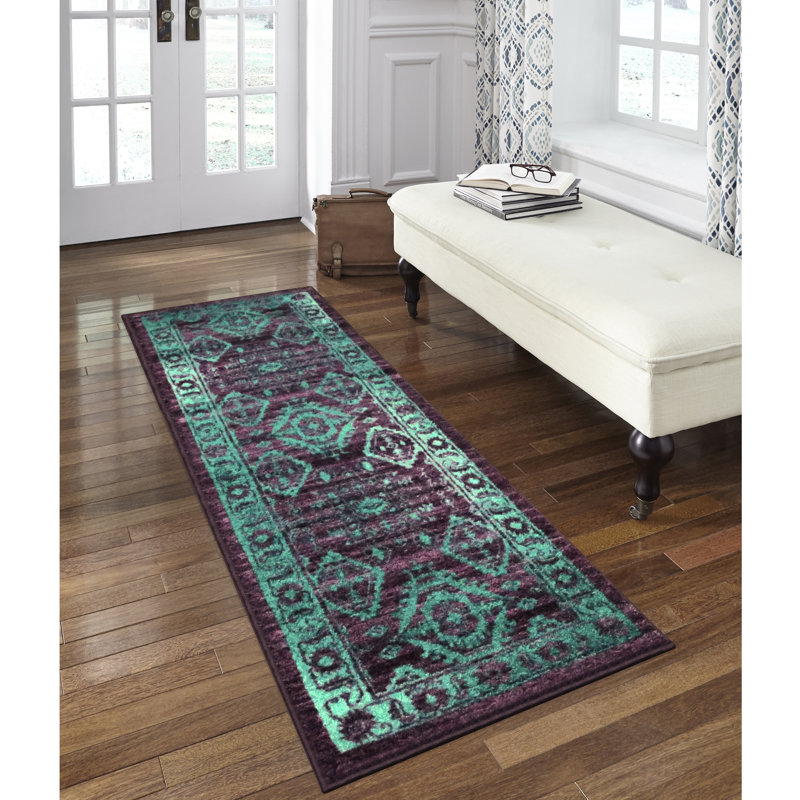 Tapis oriental bleu sarcelle / mauve Eual, Tapis de couloir 2 pi x 6 pi