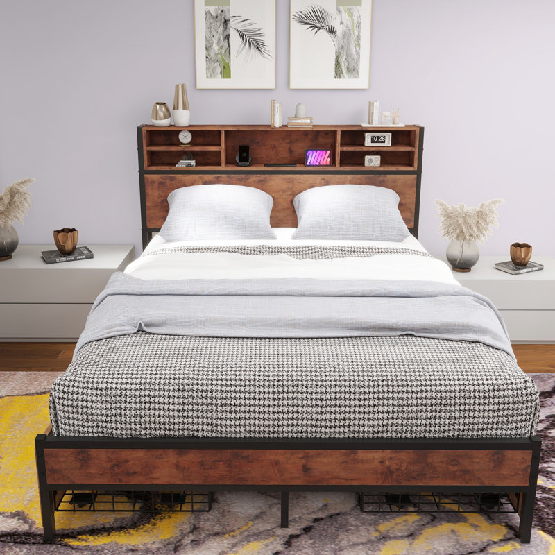 Storage Platform Bed with 4 Drawers and Charging Station, Queen