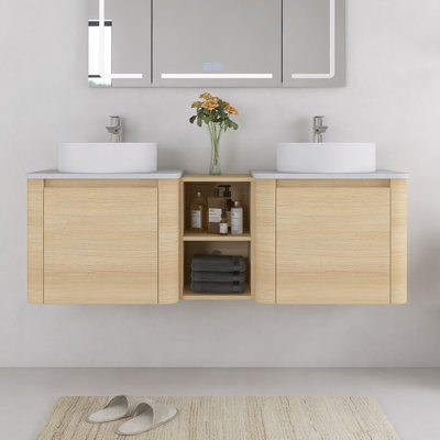 Meuble-lavabo mural double 60 po avec lavabo d'art en céramique et 1 tablette de rangement, blanc américain