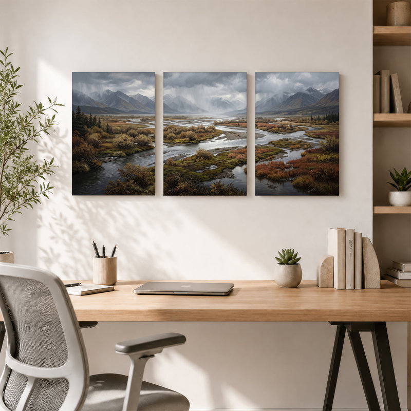 «Winding River In Misty Mountains And Autumn Foliage», ensemble de 3 toiles murales, H 36 po x l 24 po x 3 pièces