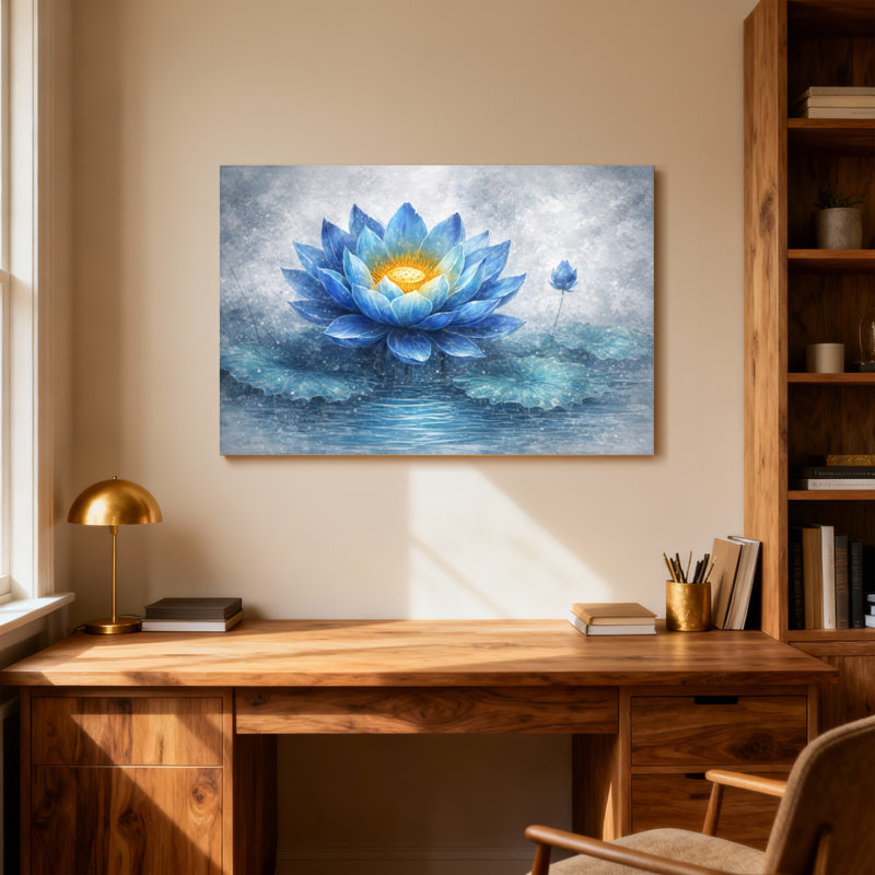 Plantes et fleurs, fleur de lotus bleue, reflet de l'eau, fond de ciel, H 24 po x l 36 po