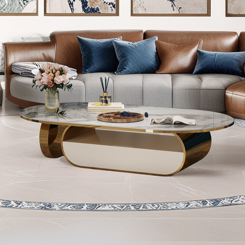 Table basse ovale en faux marbre avec tiroir de rangement