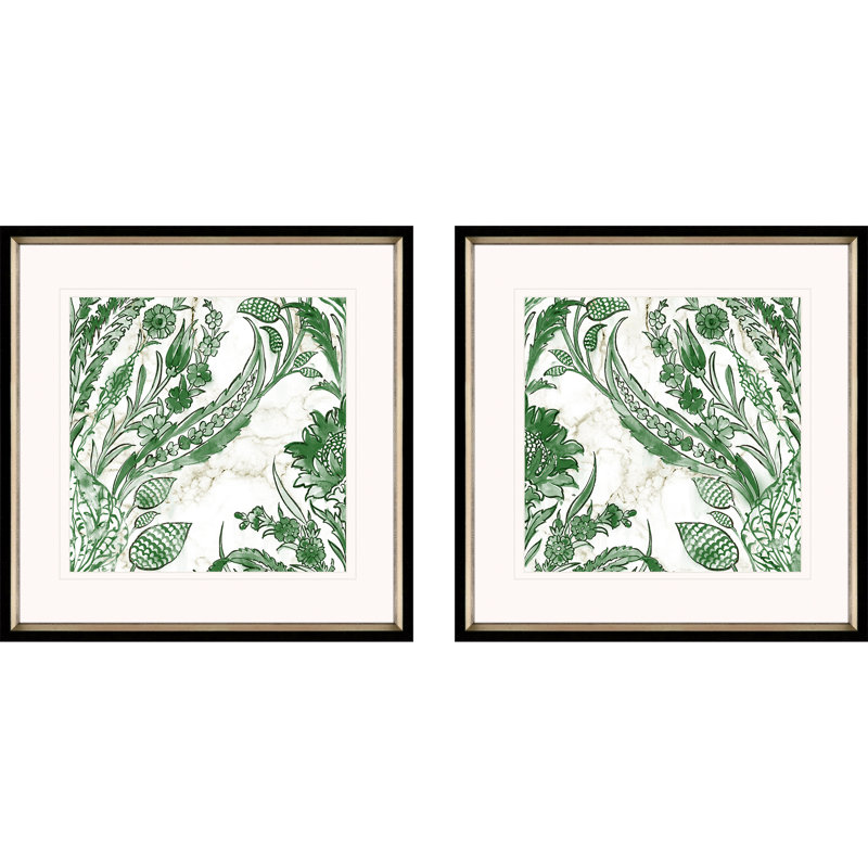 Kelly Ikat Green Floral Geometric Pattern Double-Matted Prints