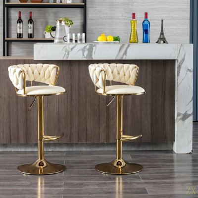 Ensemble de 2 tabourets de bar avec repose-pieds chromé et base pivotante à hauteur réglable en velours