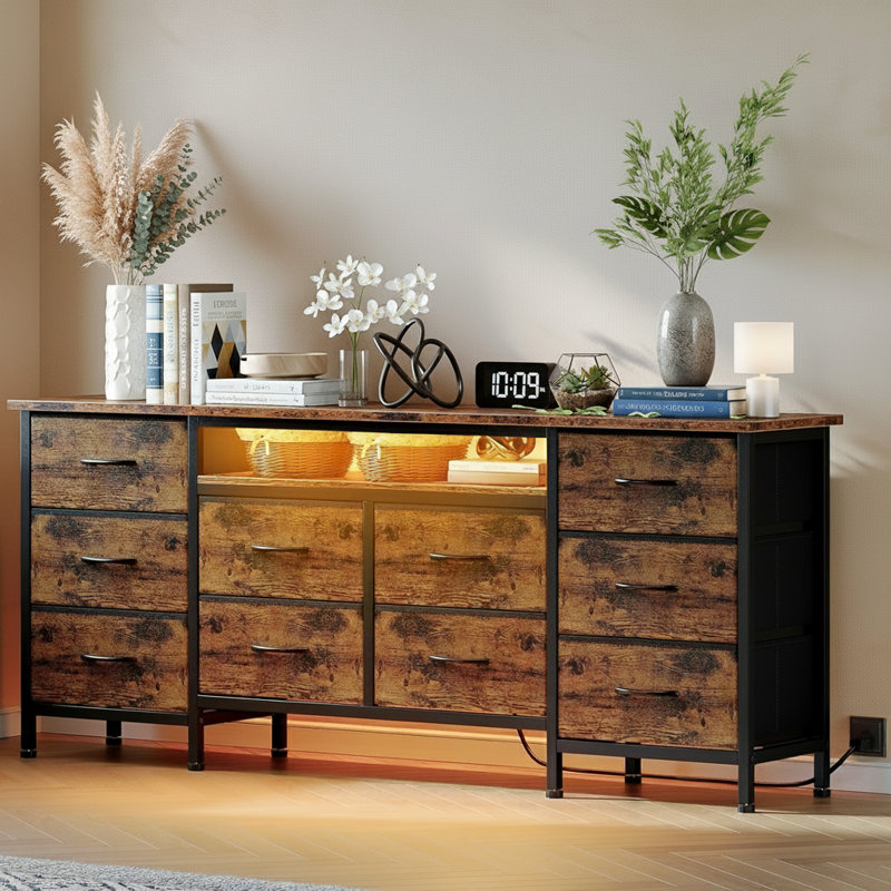 Commode longue 10 tiroirs en tissu, téléviseurs jusqu'à 75 pouces, Brun rustique