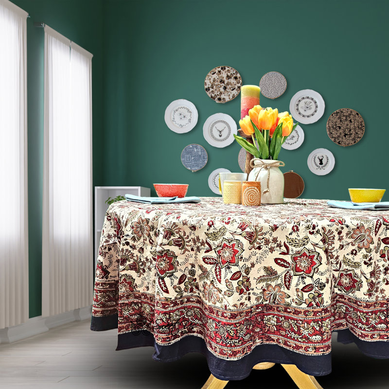 Floral Block Print Cotton Round Tablecloth