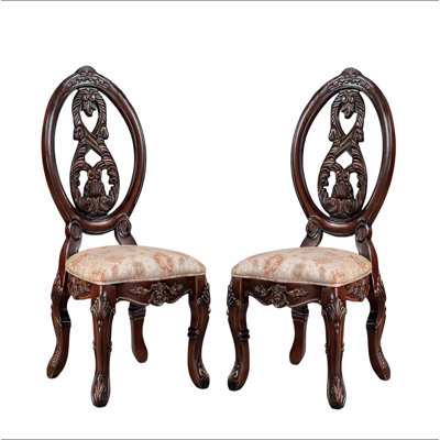 Chaises d'appoint en cerisier brun traditionnel 2 pièces en tissu brun clair avec détails sculptés en faux bois massif