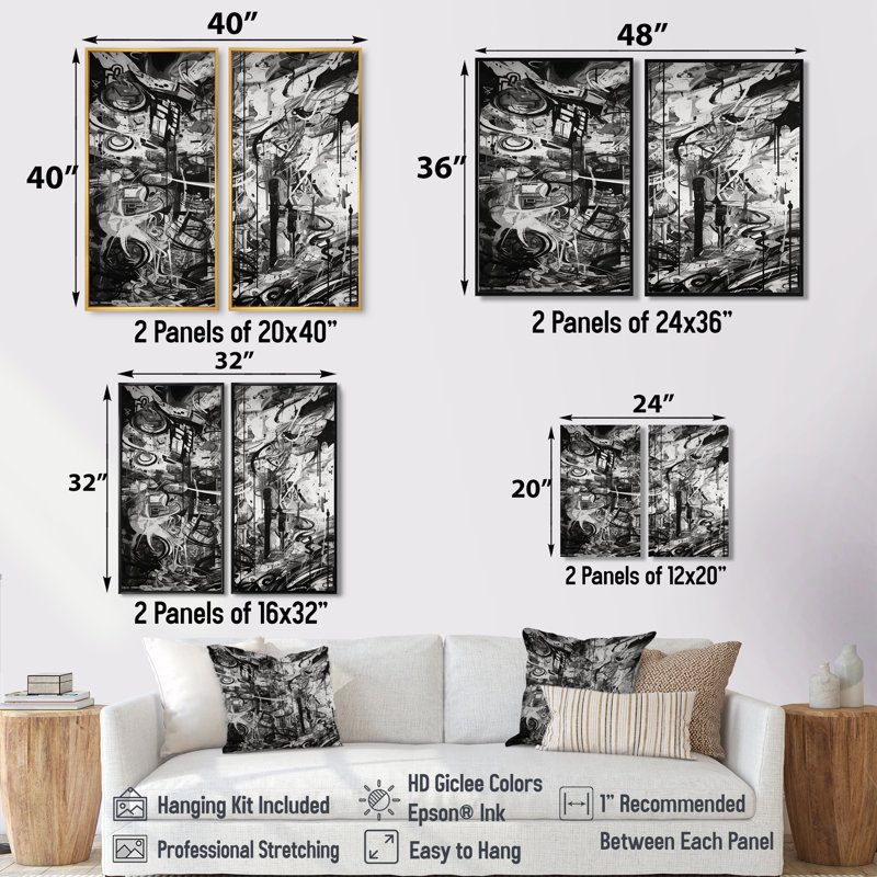 Graffiti noir et blanc cosmique II - grandes impressions géométriques sur toile 2 pièces, H 40 po x l 40 po, Toile tendue