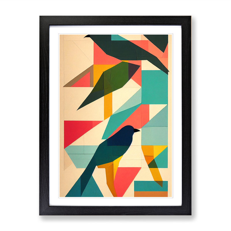 FRM-V0523-250X Bird Patchwork - Single Picture Frame Print, 34cm H x 25cm W x 2cm D, Walnut Framed