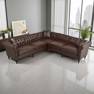 Canapé modulaire pour salon, canapé Chesterfield moderne réversible en forme de L avec accoudoirs roulés et têtes de clou, canapé capitonné à 5 places pour petits ou grands espaces