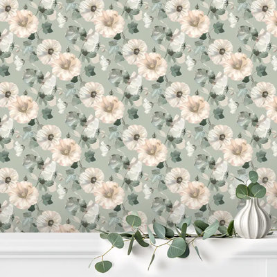 Soft Green Floral Wallpaper Peel And Stick Roll Premium