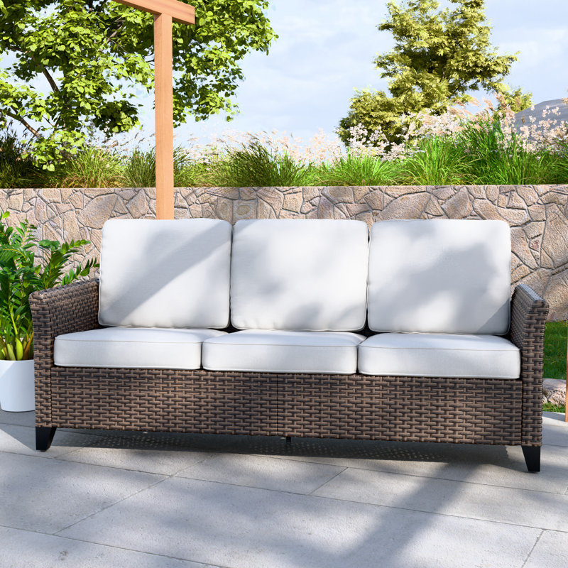 Outdoor Multi-Brown Wicker and Steel 3-Seat Sofa with Beige Cushions