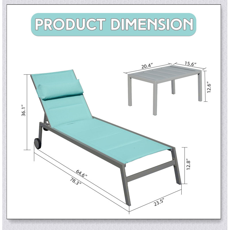 Ensemble de 3 chaises longues d'extérieur en aluminium avec table d'appoint et roulettes, Bleu clair