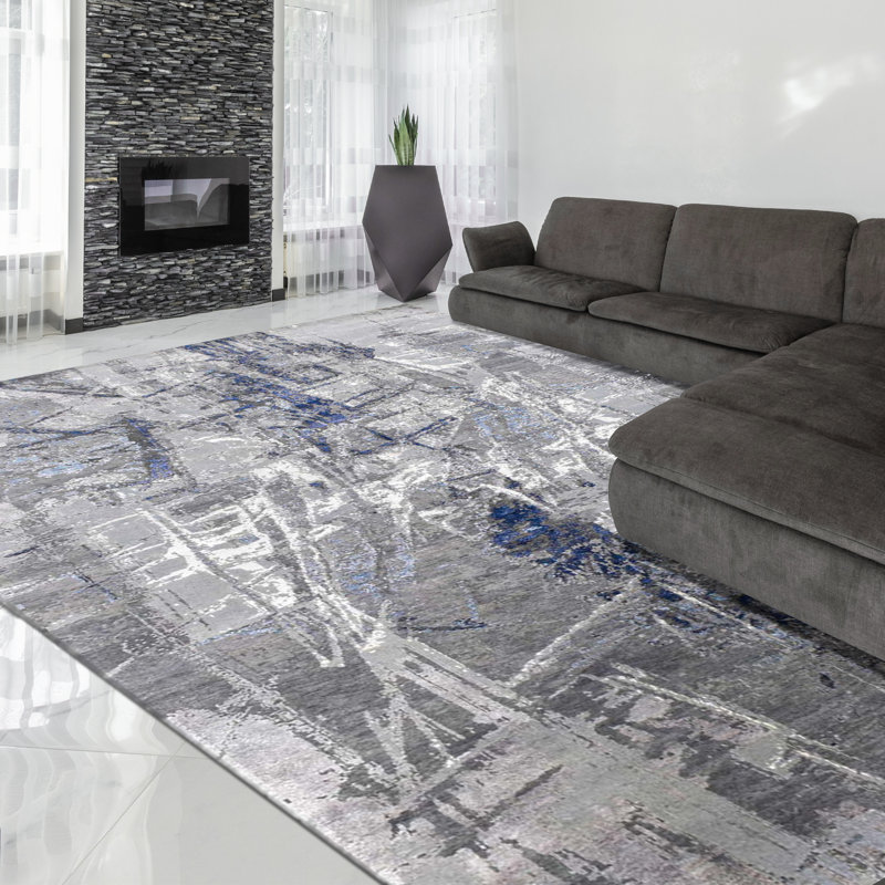 Abstract Indoor Rug, Rectangle 10' x 14', Silver/Light Gray/Black