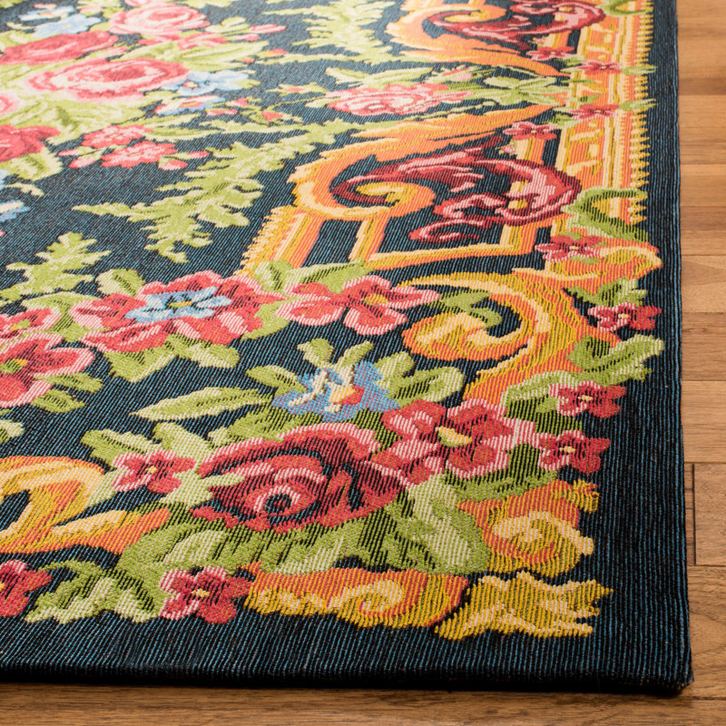 Classic Vintage Black and Rose Floral 4' x 6' Cotton Area Rug