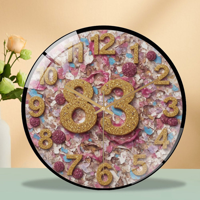 Golden-Glitter-Numéros-83-Mosaïque-Horloge Art - Horloge murale moderne en verre 12 po