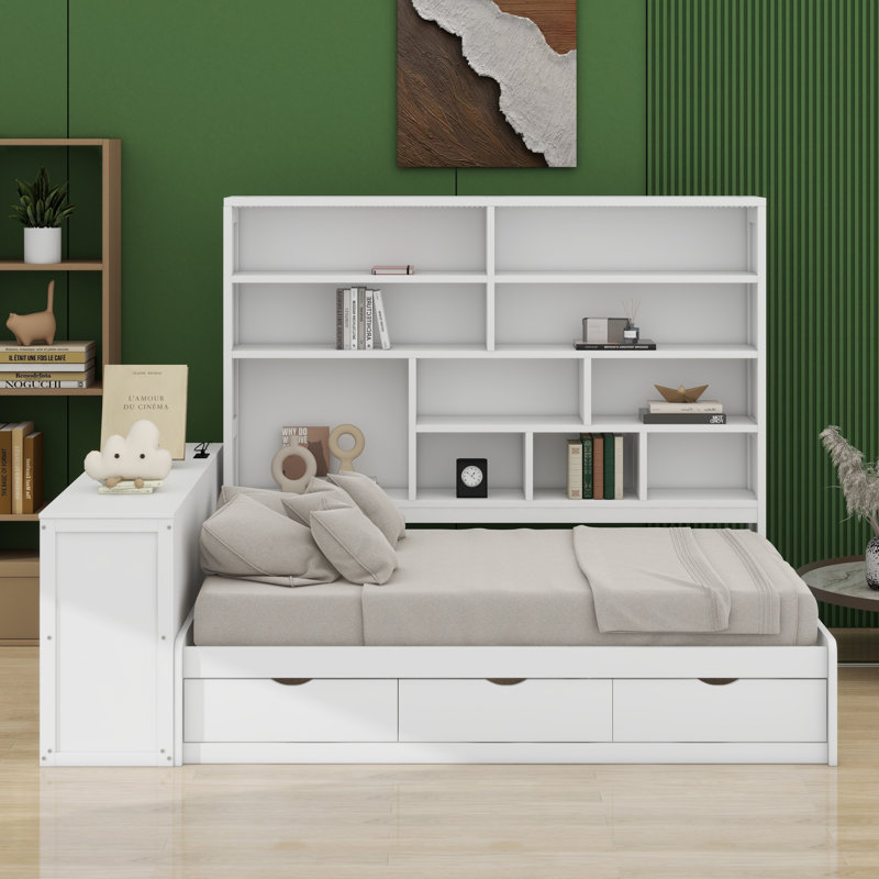 Lit de jour avec tiroirs, bureau, tablettes et lumières, Blanc