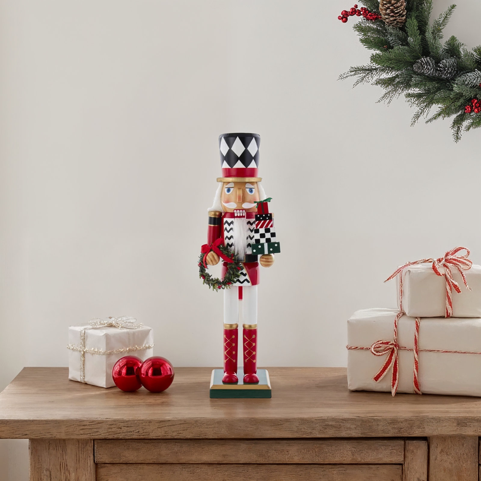 Nutcracker with Gift Box and Wreath