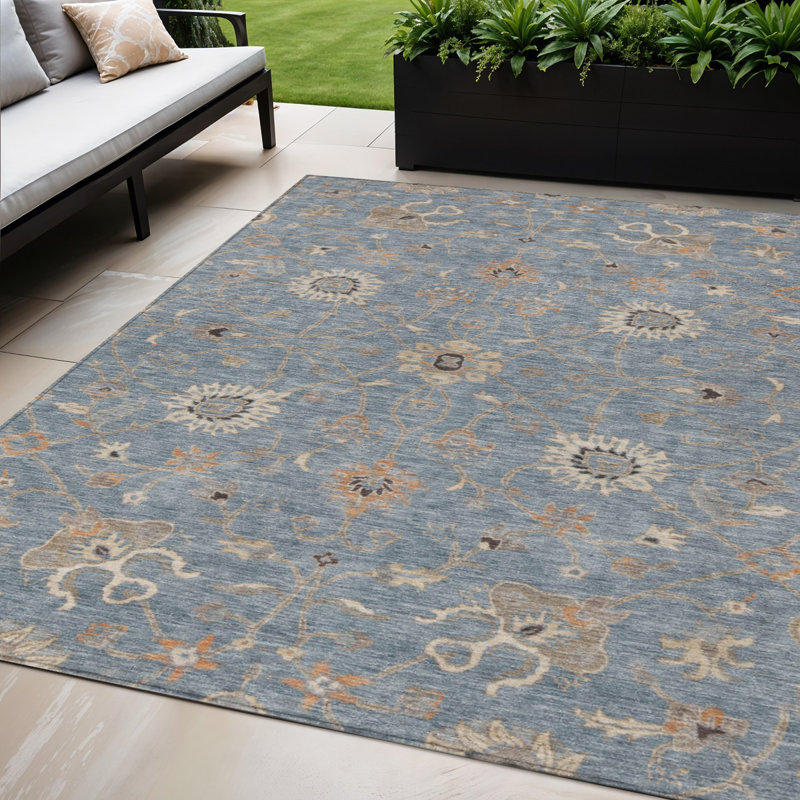 Tapis intérieur lavable floral ivoire et corail 5 pi x 8 pi bleu denim