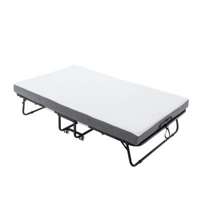 Folding Bed Cot With Mattress For Adults, 75 Inches Foldable Metal Frame Bed For Guest With Memory Foam Mattress On Wheels, Saving Space Rollaway Bed, Bed Frame