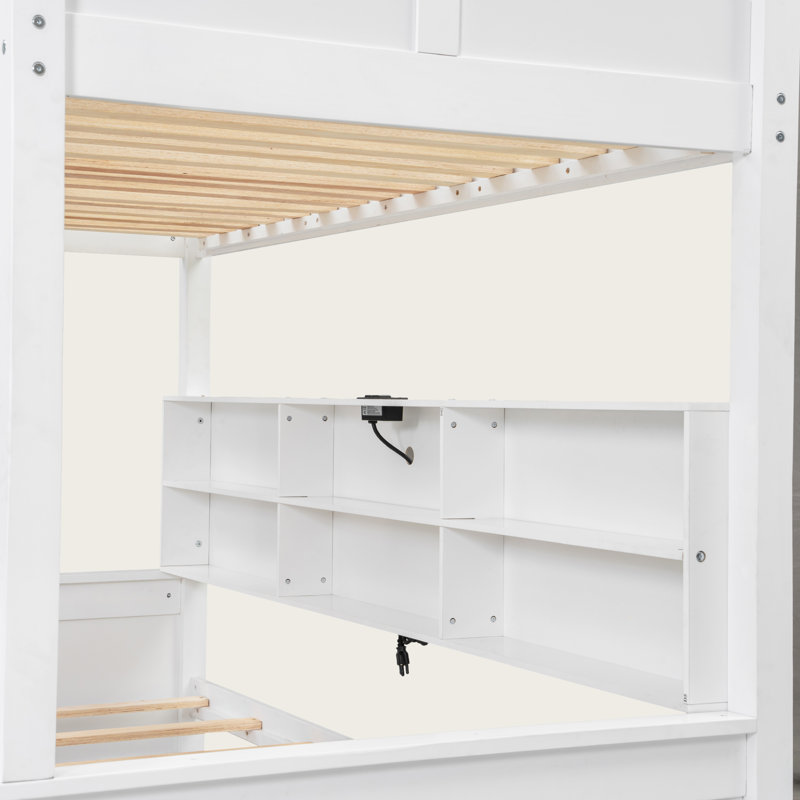 Full XL over Queen over Queen Bunk Bed with Storage Cabinets, USB Ports, and Built-in Convenience, White