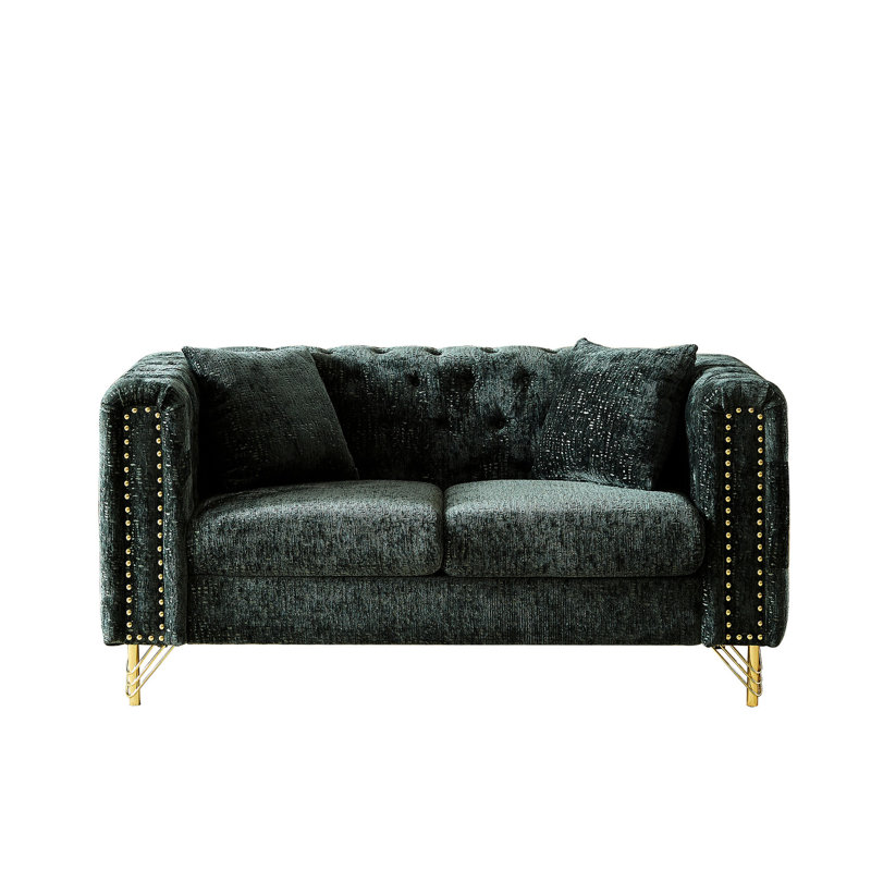 Détente de salon en chenille moderne, 60 pouces avec boucle à tirer, boutons et accoudoir orné de clous en cuivre, pieds de canapé rembourrés en métal pour la chambre, capitonnage à 2 sièges et garniture,