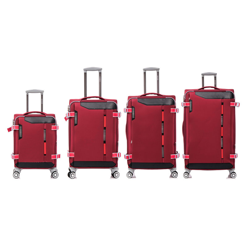 Ensemble de 4 valises verticales en rouge Claret, légères et extensibles pour un maximum de rangement, avec roulettes pivotantes à 360 degrés, poignées de transport à profil bas, compartiments extérieurs, poche intérieure de couvercle, côté