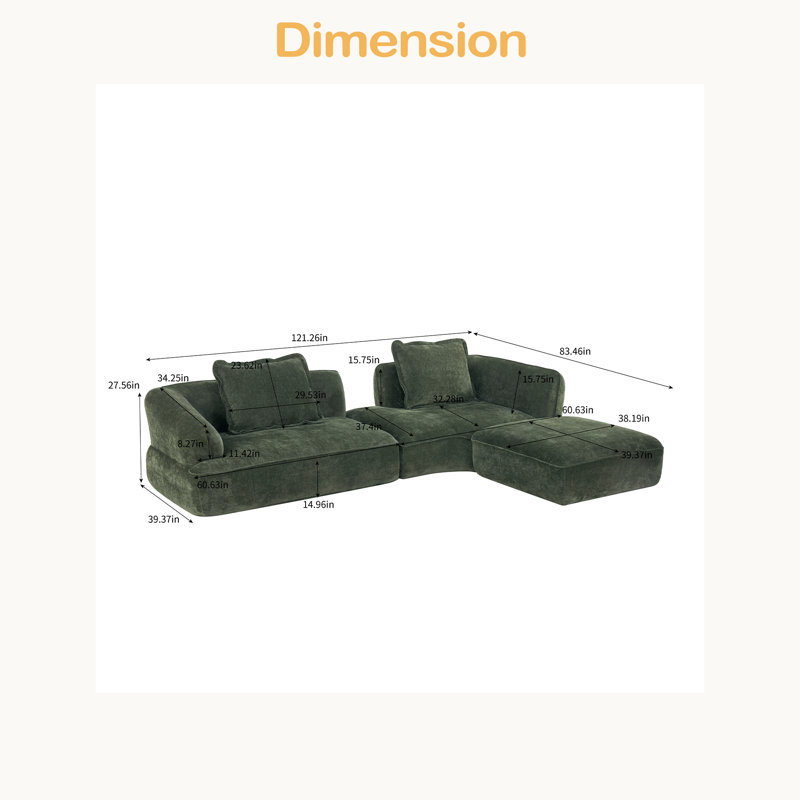 Ensemble de canapé modulaire en forme de L 121,26 "avec éponge entièrement compressée haute densité et méridienne, 2 pièces